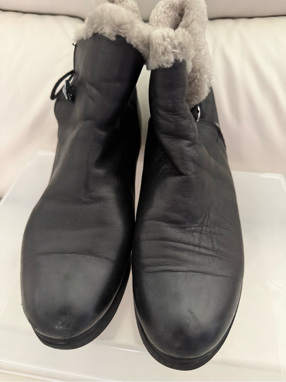 Women's Black Leather Ankle Booties with Cream Shearling Trim